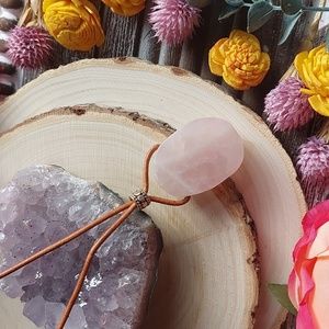 Rose Quartz Gemstone Necklace, Leather, Pink, Artisan Made by Rust Belt R…